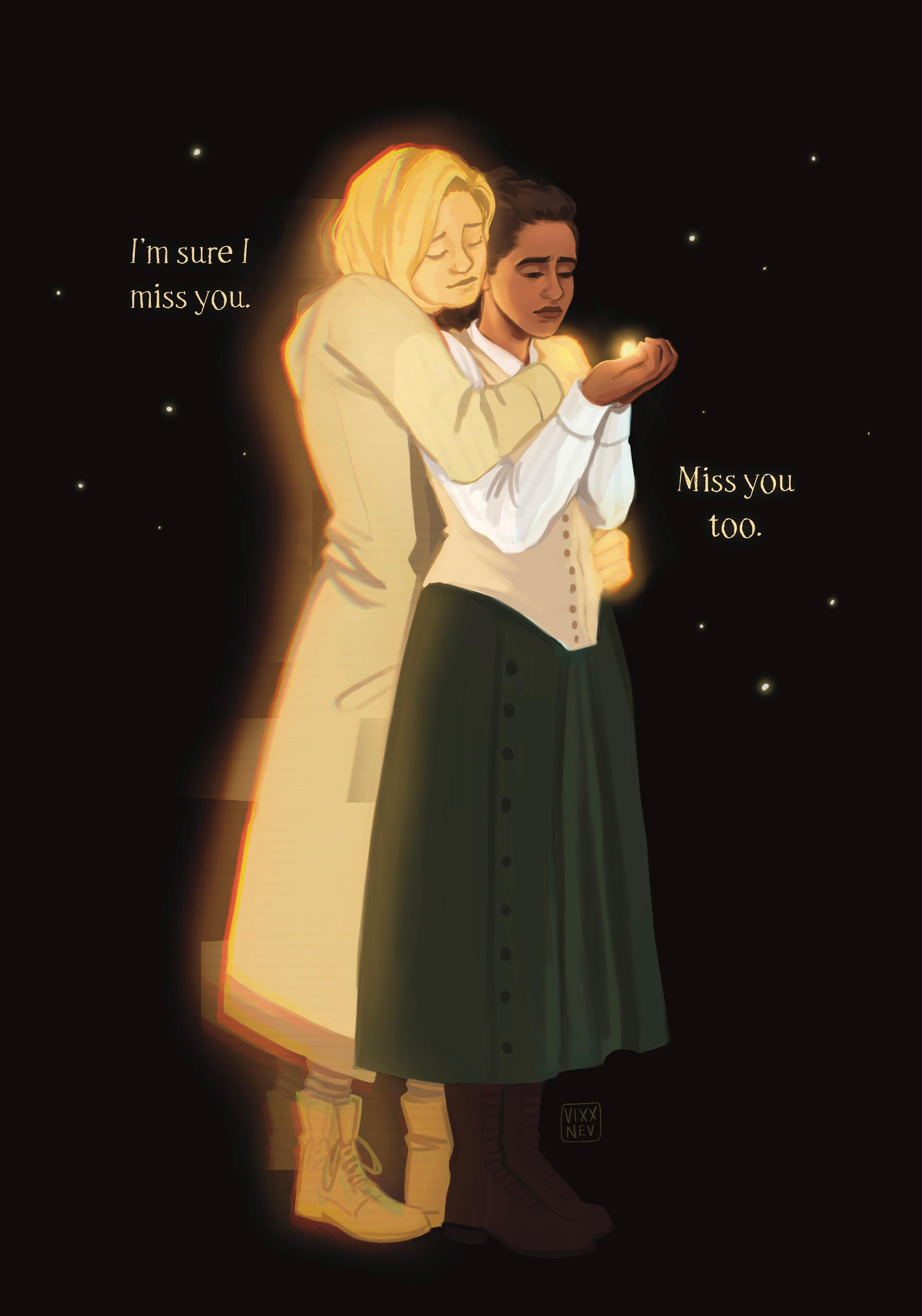 Doctor Who fan art depicting a scene between The Doctor and her companion Yasmin Khan, from the Thirteenth Doctor’s final series ‘Flux’. Created for a charity fundraiser project.