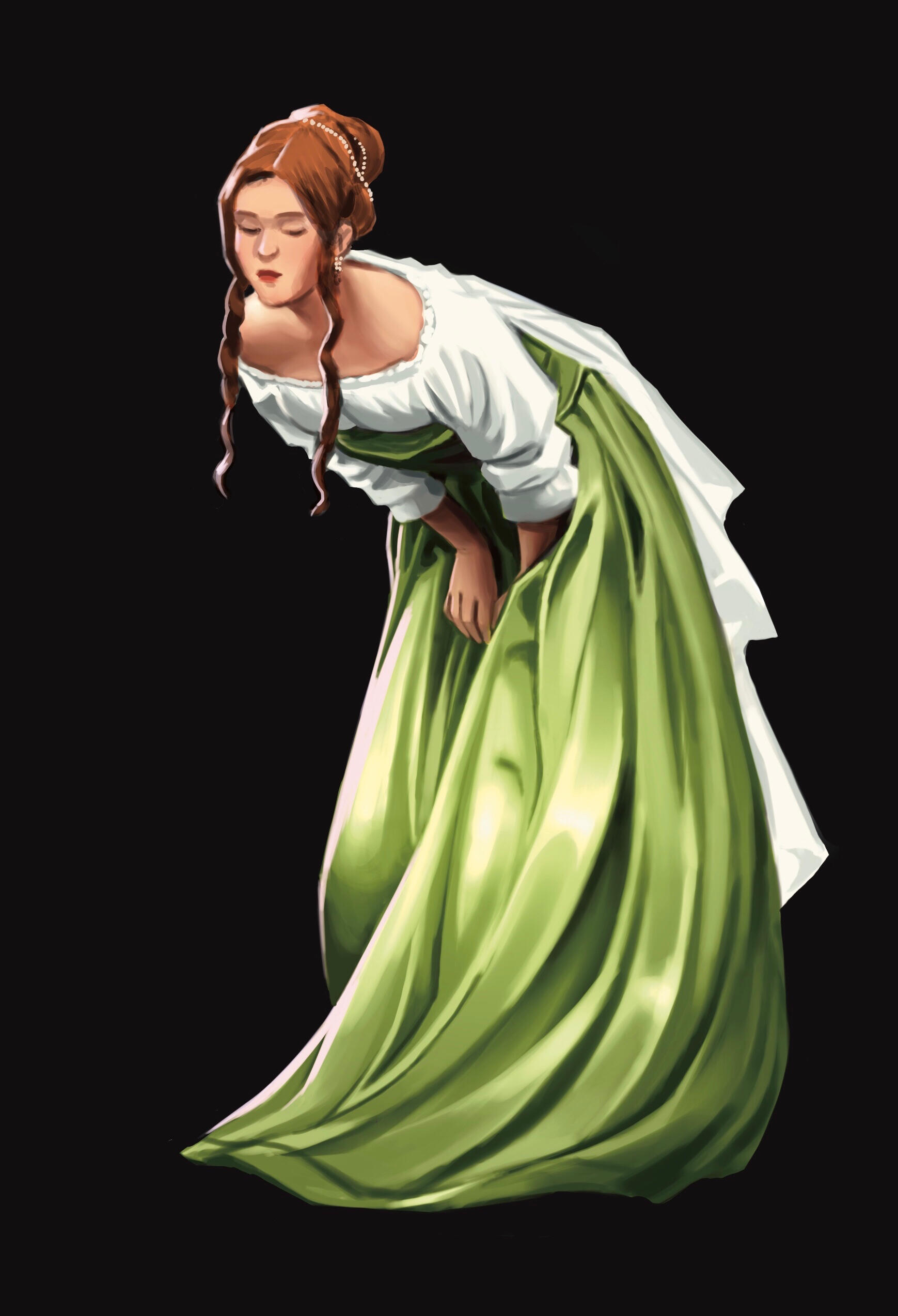This is a recent digital art study, depicting a woman in a vibrant green dress and flowing white fabric.